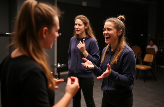Étudiants pratiquant une scène de théâtre